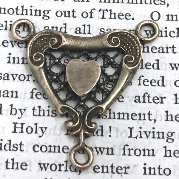 Victorian Heart Three Way Connector - Heart Rosary Center - 1 1/4" - Bronze or Sterling Silver - Rosary Center - Vintage Replica  (R66-402))
