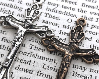 Teardrop Crucifix -  1 3/4"- Bronze or Sterling Silver - Bronze Rosary Parts - Bronze Crucifix - Reproduction - Made in the USA