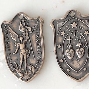 St. Michael the Archangel and Sacred Heart - Immaculate Heart - Two Way MEDAL - Bronze or Sterling Silver - Religious Medal - Reproduction