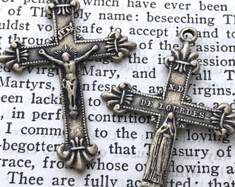 Crucifix - Jesus - Our Lady of Lourdes - 1 1/2"- Crucifix - Bronze or Sterling - Fleur de Lis - Rosary Supplies - Reproduction  (CD-407)