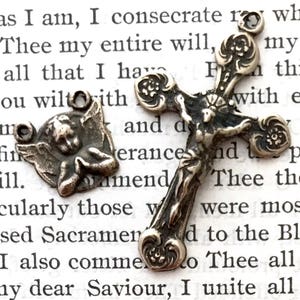 Edwardian Angel Rosary Set - 1 1/4 - Bronze - Small Rosary Set - Sacred Hearts of Jesus and Mary - Bronze Rosary Supplies (297/373)