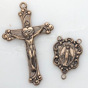 Rosary Center - Sacred Heart and Miraculous Medal SET - Bronze  or Sterling Silver - Bronze Rosary Parts - Reproduction