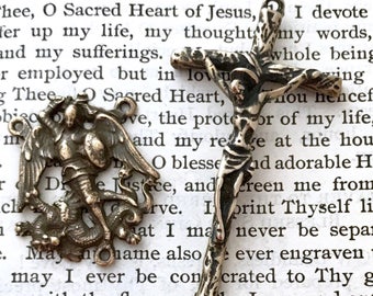 St Michael Rosary Set - Bronze - Bronze Rosary Supplies - Bronze Relgious Medal - Reproduction - Made in the USA  (CD-369)