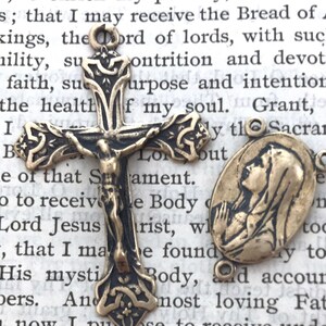 Sacred Heart Rosary Set - 1 1/2&quot;-  Our Lady of Lourdes - Bronze Rosary Supplies - Bronze Religious Medals - Reproduction (386/396)