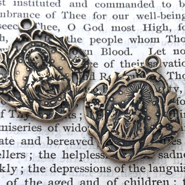 French Sacred Heart - Scapular Medal - 1" - Bronze or Sterling Silver - Lady of Mt Carmel - Sacred Heart Medal - Reproduction Medal (CD-357)