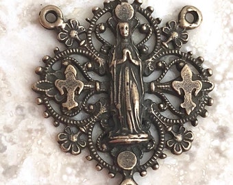 Rosary Center - Fleur de Lis Blessed Virgin Mary - Bronze or Sterling Silver  (R-975)