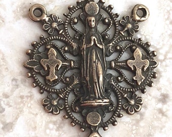 Rosary Center - Fleur de Lis Blessed Virgin Mary - Bronze or Sterling Silver  (R05-975)