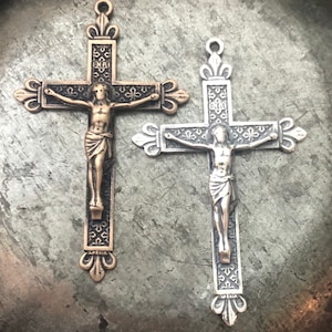Fleur de lis Crucifix  - Lourdes - Bronze or Sterling Silver - 1 3/4&quot; - Bronze Rosary Parts - French Crucifix - Reproduction - Made in USA