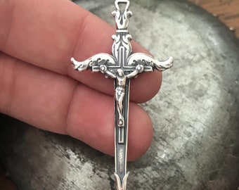 St Michael's Sword - Crucifix  - Bronze or Sterling Silver - 2" - Bronze Rosary Parts - French Crucifix - Reproduction - Made in the USA