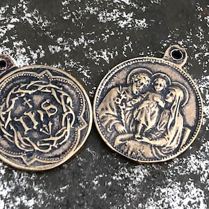 Small Holy Family Medal - IHS - Crown of Thorns Medal - Bronze - Religious Medal - Jesus, Mary, Joseph - Reproduction - Cast in the USA