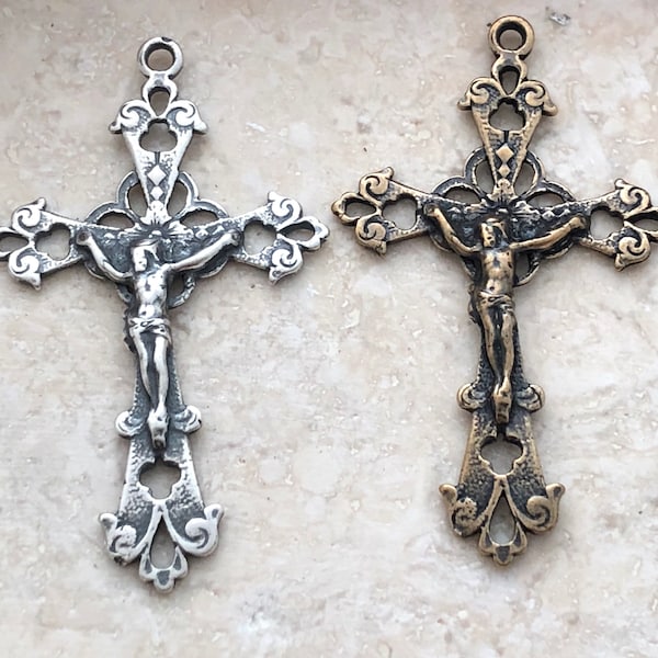 Crucifix - French Crucifix - 1 5/8 - Bronze or Sterling Silver - Filigree Crucifix - Rosary Crucifix - Bronze Rosary Supplies