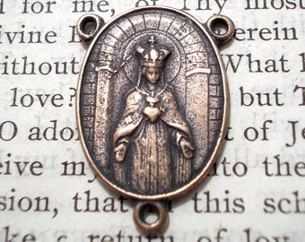 Rosary Center - Immaculate Heart - Sacred Heart - Bronze or Sterling Silver - Bronze Rosary Parts - Reproduction - Made in the USA
