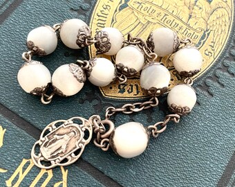 Stunning French Mother of Pearl Rosary Bracelet - Mary Bracelet - Real Antique French Bracelet - French Religious Medal - Catholic Bracelet