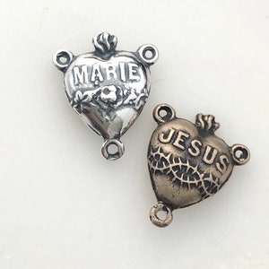Sacred Heart Rosary CENTER - 1/2&quot; - Bronze or Sterling Silver - Immaculate Heart - Rosary Center - Bronze Rosary Parts - Rosary Parts