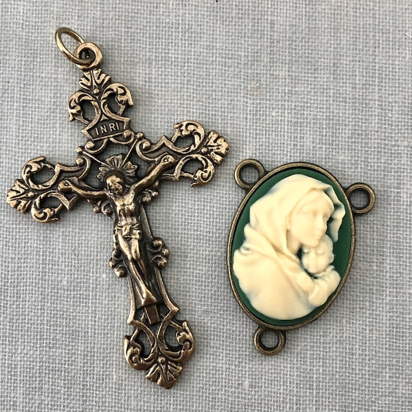 LIMITED STOCK! - Rosary Set - Cameo Rosary - Filigree Crucifix - Madonna and Child - Rosary Set - Filigree Rosary - Bronze Tone Rosary Parts