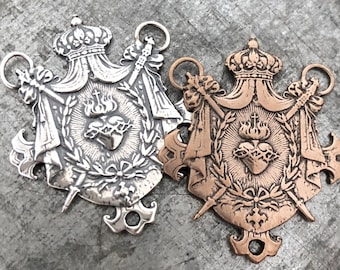 French Sacred Heart Rosary Center - 1 3/8" - Bronze or Sterling Silver -  Rosary Center - Reproduction Medal - Shield - Sword - Crown