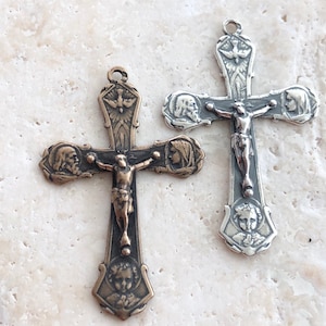 Small Crucifix - Holy Family - Crucifix - 1 3/8&quot; - Bronze or Sterling Silver - Bronze Crucifix - Holy Family - Reproduction - Made USA