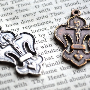 Virgin Mary Medal - Fleur de Lis  - Crucifix Medal - Religious Medal - Bronze or Sterling Silver - Reproduction - Made in the USA