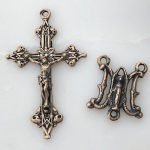 Rosary Set - Sterling Silver or Bronze - Ave Maria - Auspice Maria - Reproduction - Made in USA