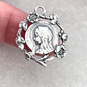 Blessed Virgin Mary Medal - Blessed Mother Medal - Religious Medal -  Sterling Silver - Floral - Crown of Flowers - Reproduction-Made in USA