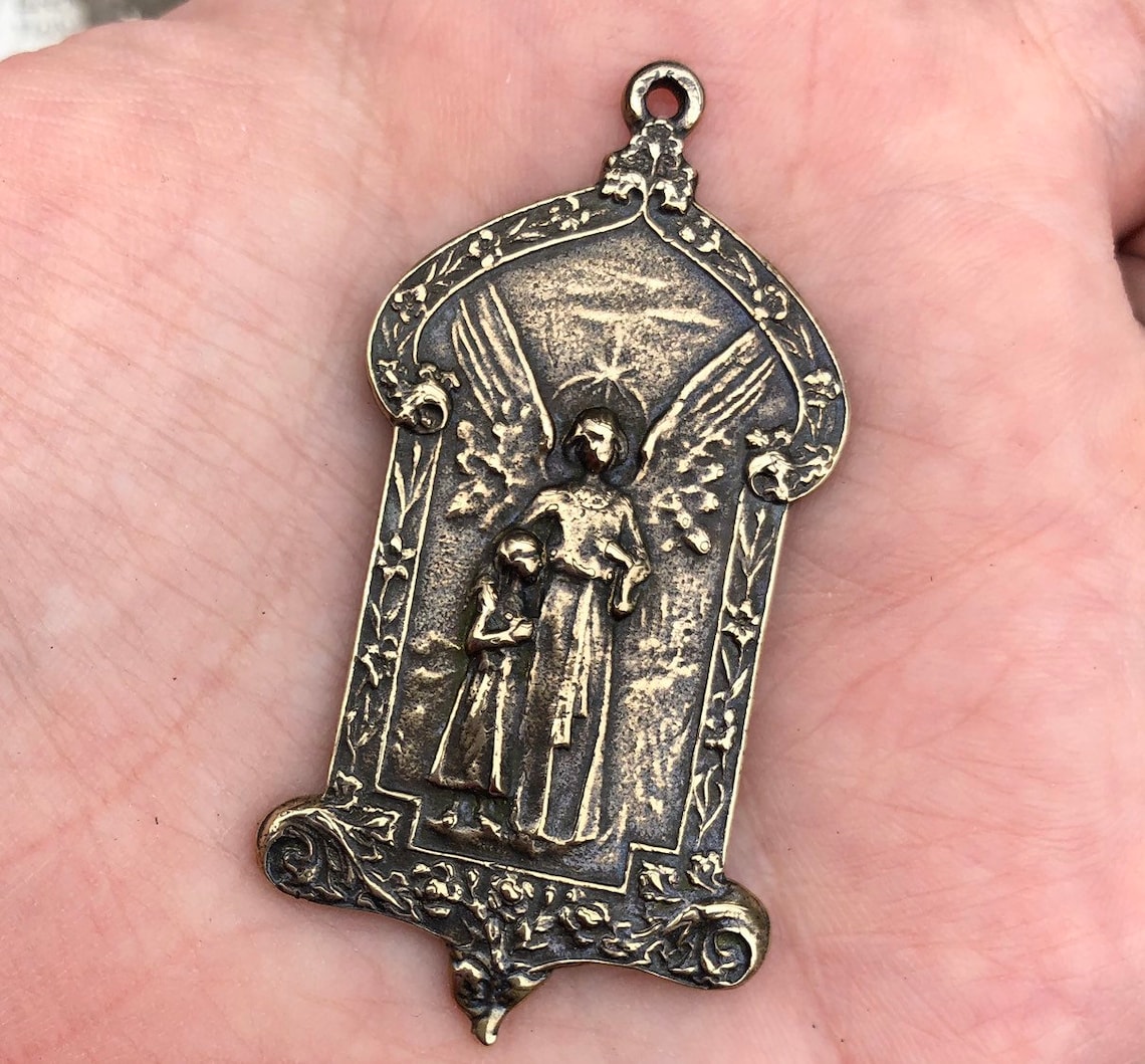 Extra Large Guardian Angel Medal Bronze or Sterling Silver Etsy