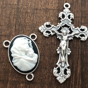 Ensemble de chapelet Marie et l'enfant - Chapelet camée - Crucifix en filigrane - Vierge à l'enfant - Chapelet en filigrane - Pièces de chapelet en argent