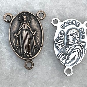 St Pio Rosary Center - St Padre Pio - Blessed Mother Rosary Center - Bronze of Sterling Silver - Rosary Parts - Reproduction - Made in USA