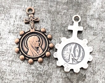 Rosary Medal - Virgin Mary - Our Lady of Lourdes - Bronze or Sterling Silver - Delicate Rosary Medal - Reproduction - Made in the USA