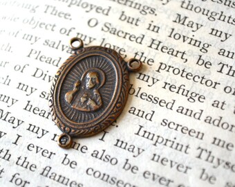 Sacred Heart of Jesus and Profile of Mary Rosary Center - 7/8" - Bronze or Sterling Silver - Vintage Replica (R-616)