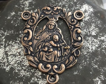 Large Rosary Center - Scapular - Our Lady of Mount Carmel - Bronze or Sterling Silver - Spanish Rosary Center - Reproduction