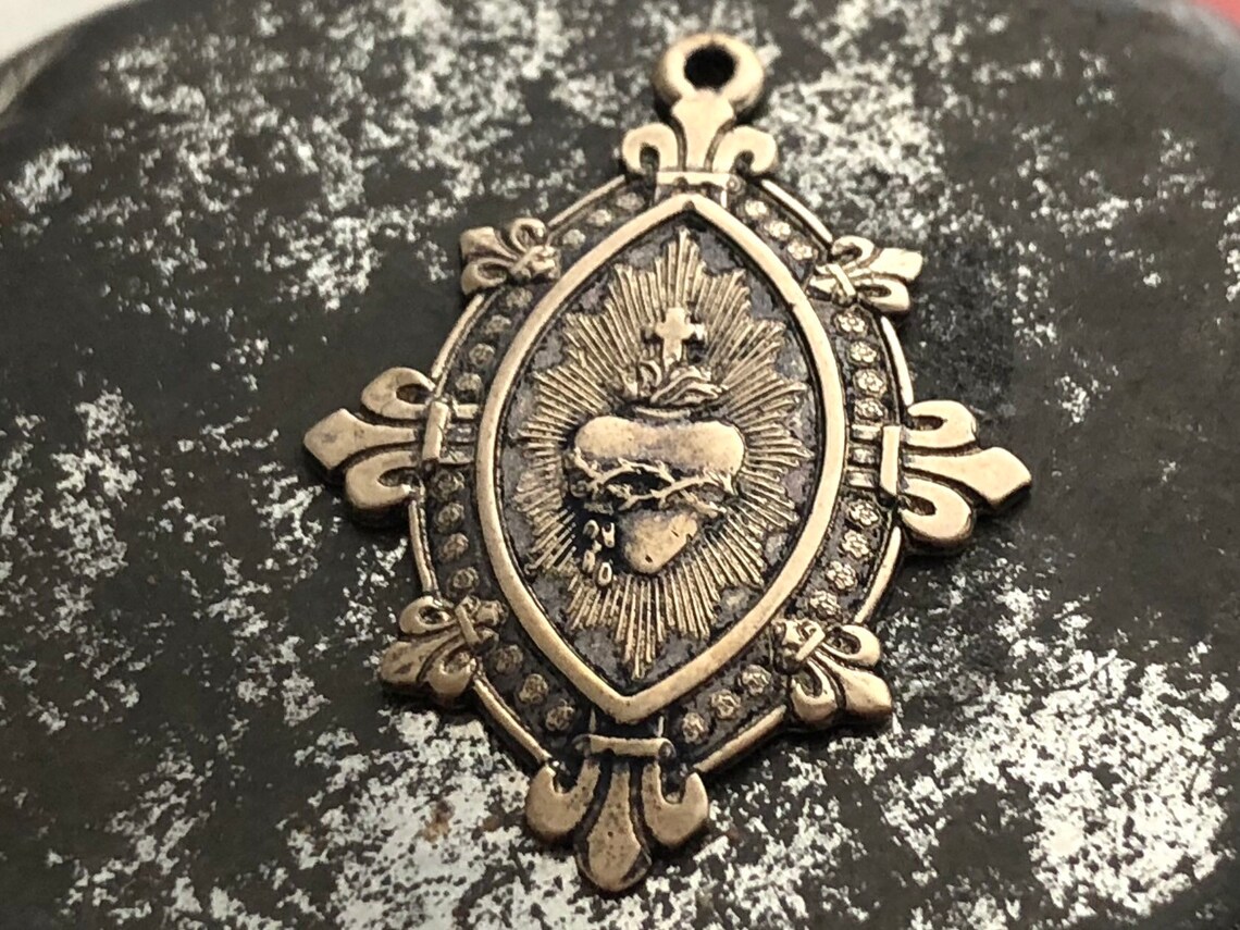 French Sacred Heart Medal 1 1/4 Bronze or Sterling Etsy