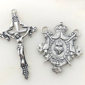 French Sacred Heart Rosary Set - 1 3/8&quot; - Bronze or Sterling Silver -  Rosary Center - Reproduction Medal - Shield - Sword - Crown
