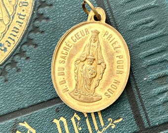 Large Our Lady of the Sacred Heart - Sacred Heart of Jesus - Religious Medal - Large Brass Medal - Real Antique French Medal