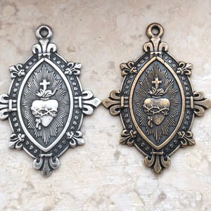 French Sacred Heart Medal - 1 1/4&quot; - Bronze or Sterling Silver - Sacred Heart Medal - Reproduction Medal - Made in USA
