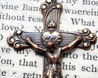 Crucifix - Sacred Heart of Jesus - 1 1/2" - Bronze or Sterling Silver - Vintage Reproduction - Bronze Rosary Parts
