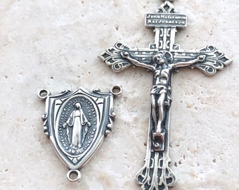 Pardon Crucifix & Miraculous Medal Shield Center - Rosary Set - Bronze or Sterling Silver - Men's Rosary - Reproduction - Caritas Dei