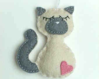 Felt Siamese cat ornament, wool felt kitty