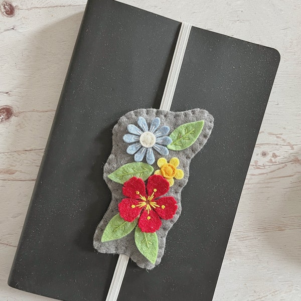 Spring flowers felt bookmark with elastic ribbon - flowers design - wool-blend felt book band - bookmarks for planners