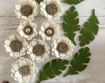 Pastel flower pack, white, gold  and light brown felt loose flowers with green leaves