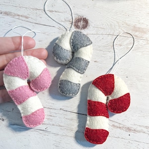 Handmade Felt Candy Cane Ornament - Christmas Ornament - Red, Pink, Grey Felt Candy Canes - Holiday Tree Decor
