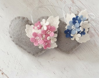 Grey heart shaped ornament with blue and pink flowers - SET of 2 - felt home decoration - gift for her nursery decor nature inspired