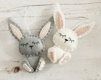 Felt rabbit ornament - Easter bunny decoration - gift for her nursery decor nature inspired with flowers and bunnies