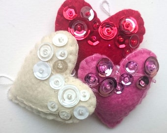 Felt Heart Ornament Set: Hand-Embroidered Sequined Decor