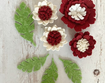 Cherry red flower pack, white and red felt loose flowers with green leaves