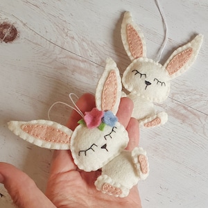 Felt rabbit ornament - Easter bunny decoration - gift for her nursery decor nature inspired with flowers and bunnies
