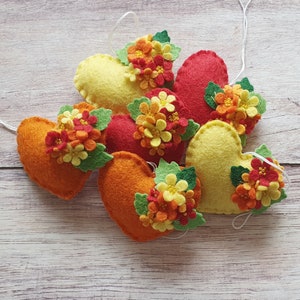Heart shaped ornament with flowers in the shade of red-yellow-orange - SET of 6 - felt home decoration -  nursery decor nature inspired