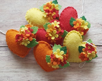 Heart shaped ornament with flowers in the shade of red-yellow-orange - SET of 6 - felt home decoration -  nursery decor nature inspired