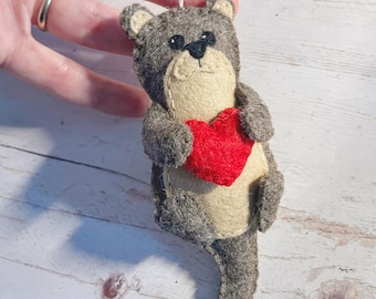 Felt Otter Ornament with Red Heart: Handmade Animal Decoration