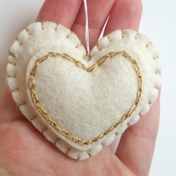 Gold and white heart ornament - felt decoration for Valentine's day Birthday Christmas Baby's shower Housewarming home decor Nursery idea