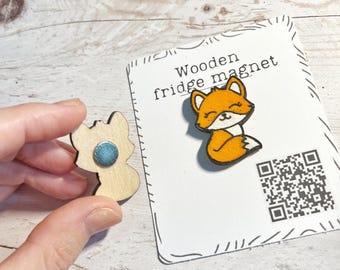 木製キツネ冷蔵庫マグネット - 手描き、レーザーカットのミニチュアチャーム